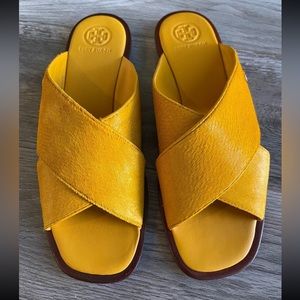 NWT Tory Burch Calf Hair Sandals. 
Yellow Gold color. 
Size 7